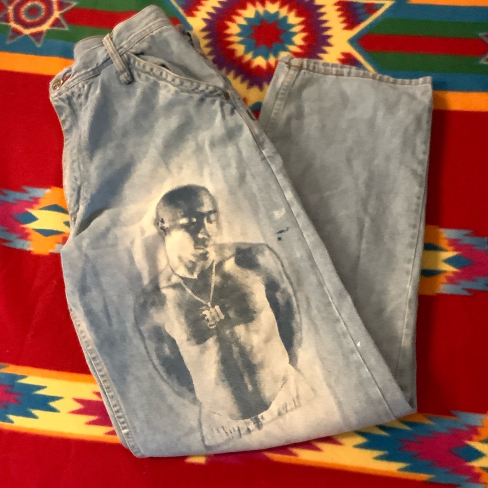 Makaveli Tupac Shakur Fade Paint Splatter Jeans Huge Tupac Graphic & Quote 32/33